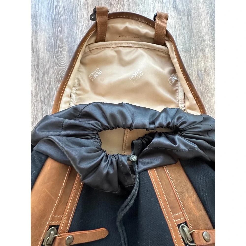 Pop's Kalahari Leather Trim Backpack Black Canvas Laptop Sturdy Bag Distressed - Picture 10 of 14